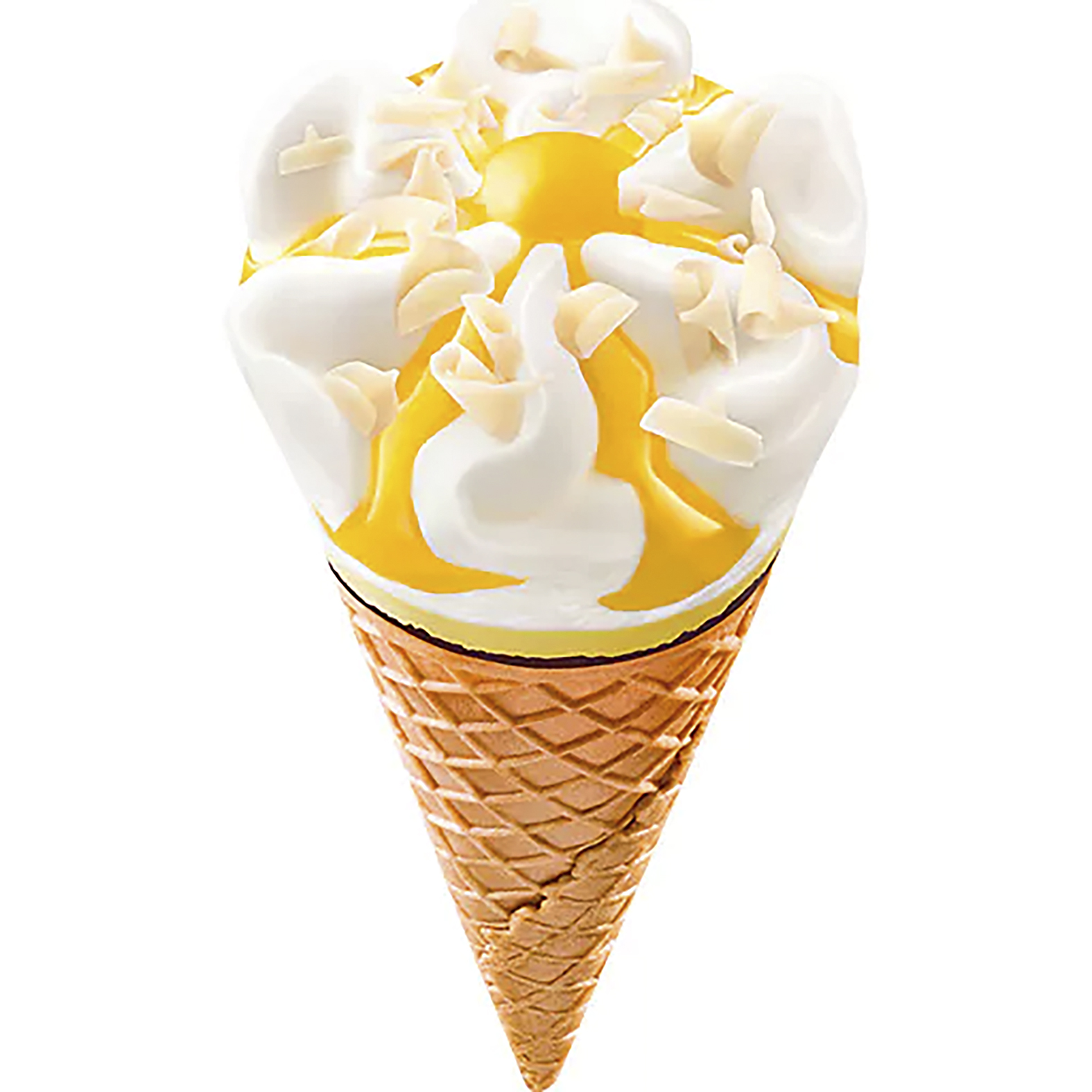 En strut med gul och vit glass. Cornetto citron. 