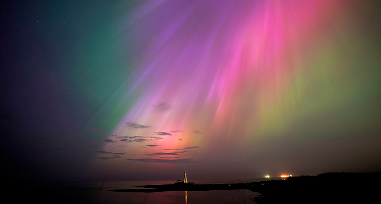 Det är kväll. Det lyser ett norrsken över kusten och havet. Det lyser i grön, lila, rosa och gult.