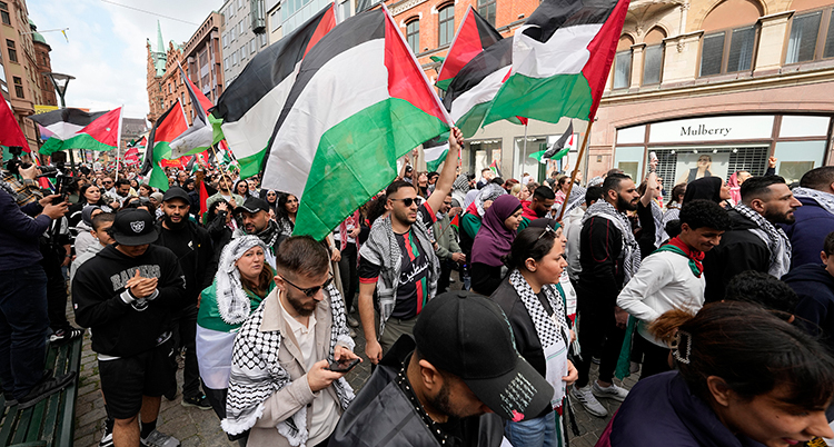 Folk går på en gata i Malmö. De har med palestinska flaggor.