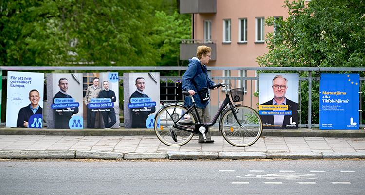 En man med cykel går förbi en rad med affischer från olika partier.