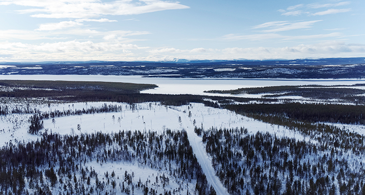 En flygbild som visar skogar och sjöar. Det är vinter och snö.
