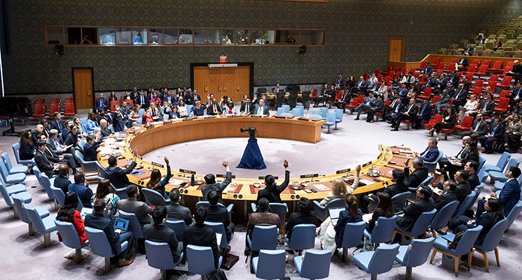 Människor i FN sitter i en halv cirkel i ett stort rum.