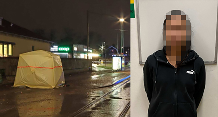 Ett vitt tält är uppställt på en gata i staden. Det är mörkt. Till höger en bild på en kvinna i svart tröja. Ansiktet är oskarpt.