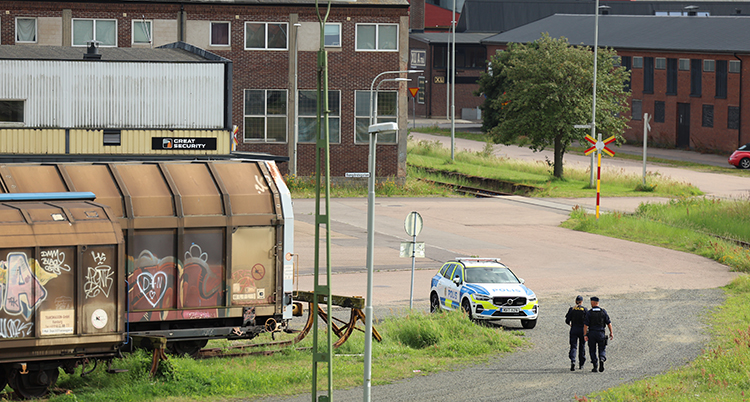 En polisbil och ett tåg står stilla. Två poliser promenerar.