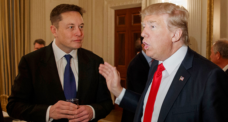 Elon Musk och Donald Trump står bredvid varandra i ett rum. Musk lyssnar på när Trump pratar.