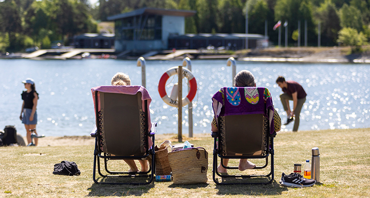 Två personer sitter på solstolar på en strand.