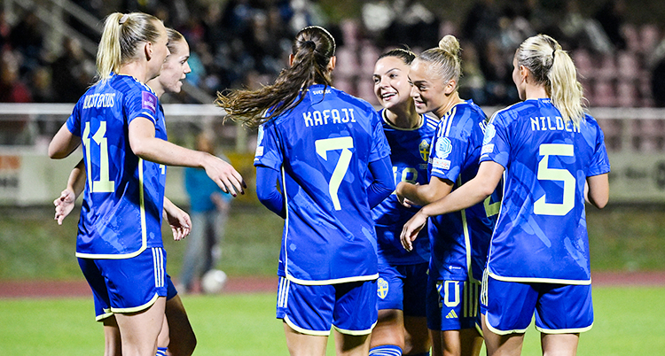 Från en match i fotboll. Spelare i Sveriges lag är glada och firar ett mål.