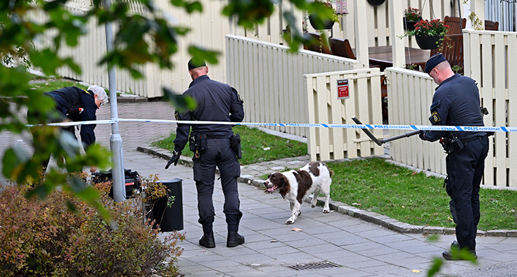 Tre poliser står på en gångväg. Tejp sitter över vägen.