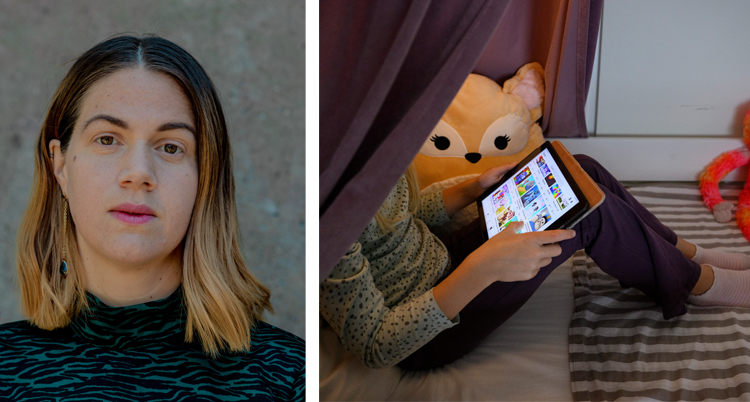 Två bilder. Den enda på en kvinna med brunt långt hår. Den andra på ett barn som använder en app på en skärm.