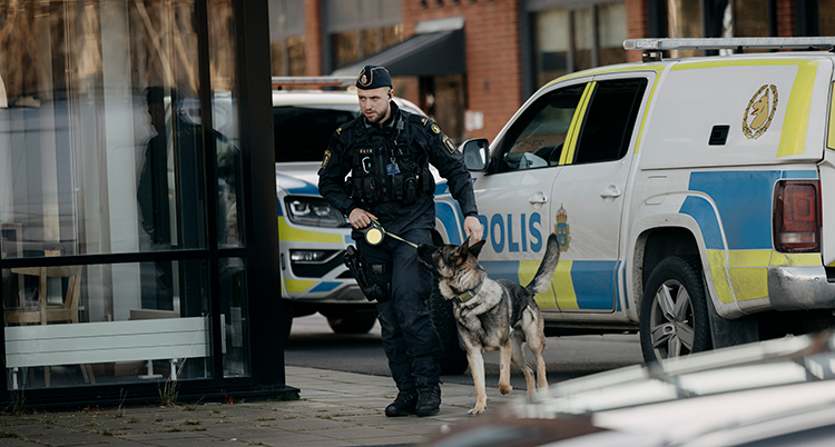 En polis håller i en hund i koppel.