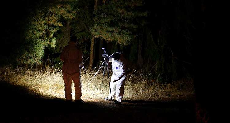 Poliser undersöker platsen där mordet hände i december. Foto: TT