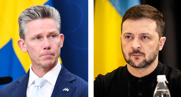 Två bilder i ett. Till vänster svenska ministern Pål Jonsson. Till höger Ukrainas ledare Zelenskyj.