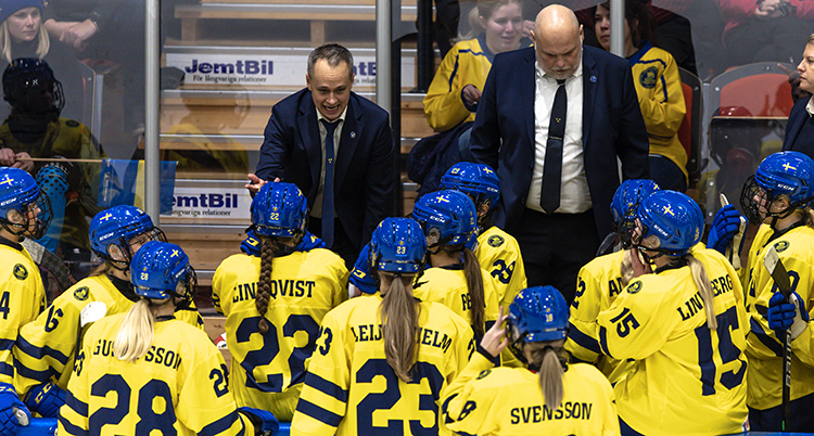 Två manliga ledare pratar med många ishockeyspelare som har ryggen mot kameran.