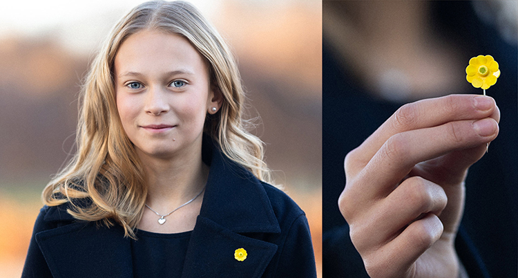 Ett porträtt på en flicka. Intill finns en bild på en hand som håller i den lilla, gula blomman.