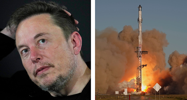 Två bilder bredvid varandra. En ansiktsbild på Musk och en bild på raketen när den startar i ett stort eldmoln.