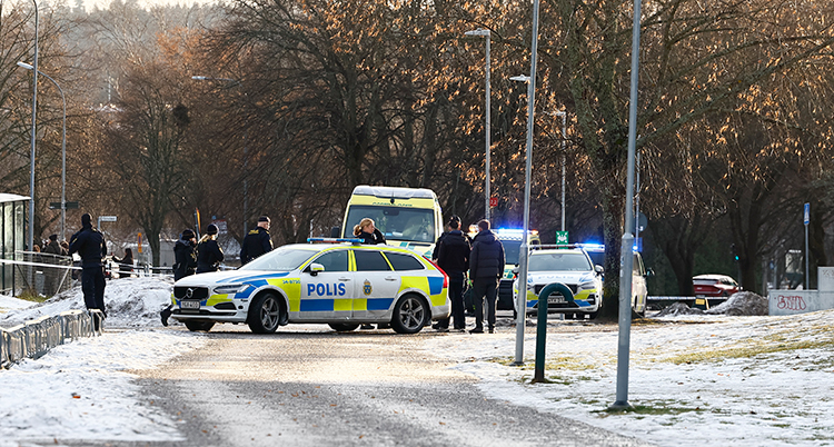 Flera polisbilar och poliser syns på långt håll.