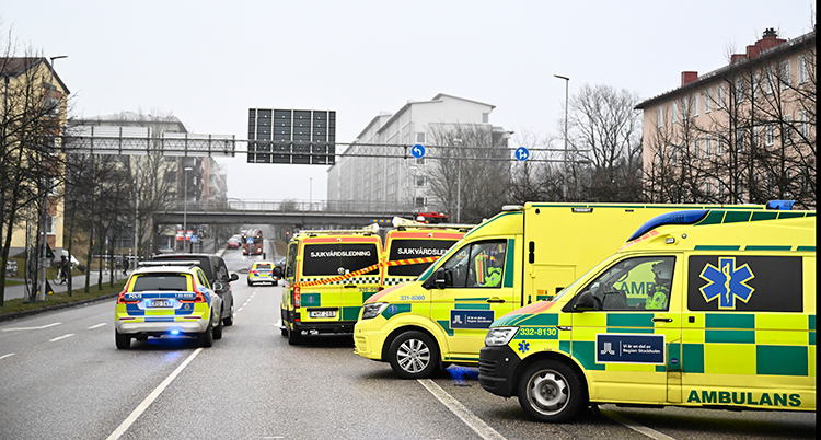 Flera ambulanser står på rad.