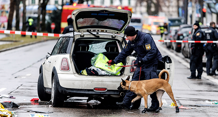 En polis vid en polisbil. Polisen har också en hund med sig.