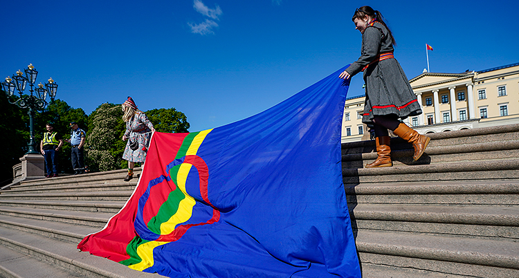 de håller upp en stor flagga. De står på en trappa.