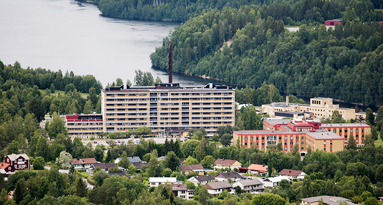 Sjukhuset syns från luften. Det är hus, skog och vatten omkring.