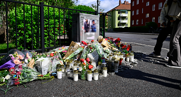 Bilden på pojkarna sitter på ett elskåp. På marken framför skåpet ligger många blommor.