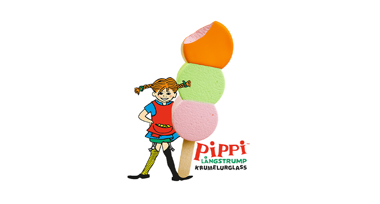 En ritad figur av Pippi bredvid en glass som är rosa, grön och orange.