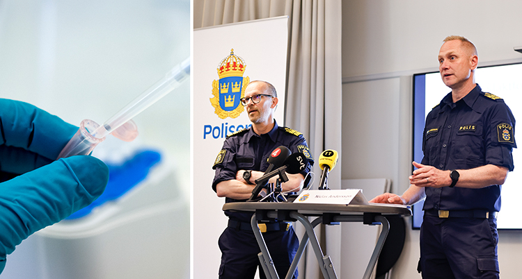 Två bilder sitter i hop. I första bilden håller en hand i ett provrör. I andra bilden står två poliser och pratar.