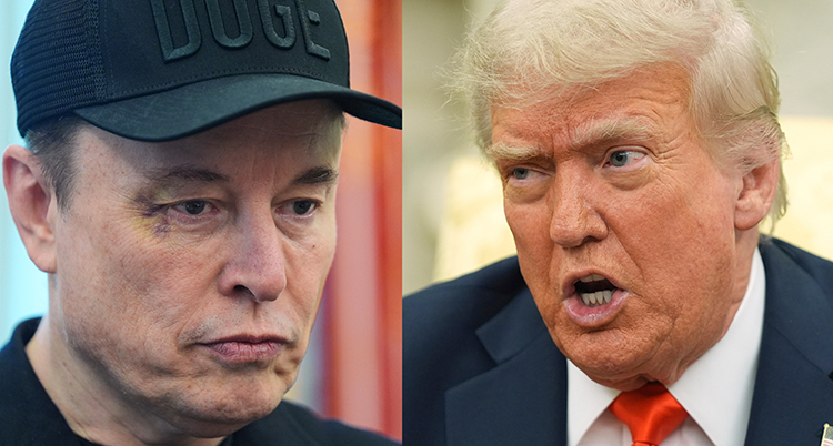 Två porträtt bredvid varandra. Musk har en svart keps. Trump ser arg ut.