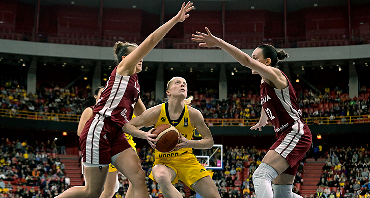 Basketspelare håller i en boll. Två andra spelare försöker ta bollen.