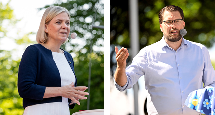 Två bilder bredvid varandra. Magdalena Andersson som talar på ena, Jimmie Åkesson som talar på andra.