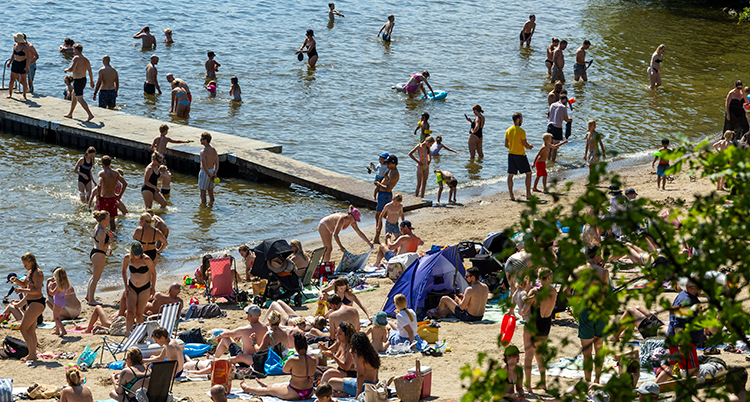 En strande med många människor. Många är i vattnet och badar. Några går på bryggan.