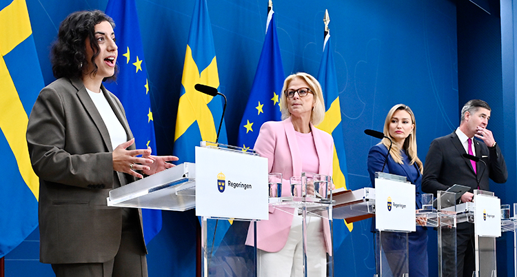 Fyra personer står på rad och pratar i varsin mikrofon.