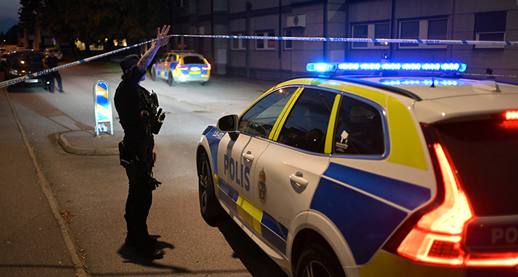 En polisbil och en polis syns på en gata.