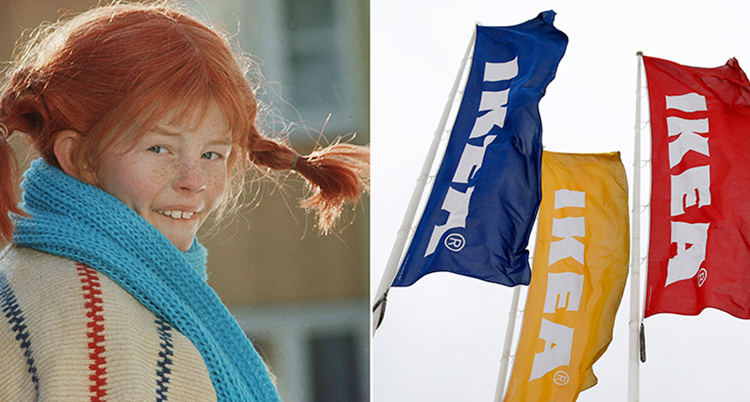 Pippi och tre flaggor som det står Ikea på.