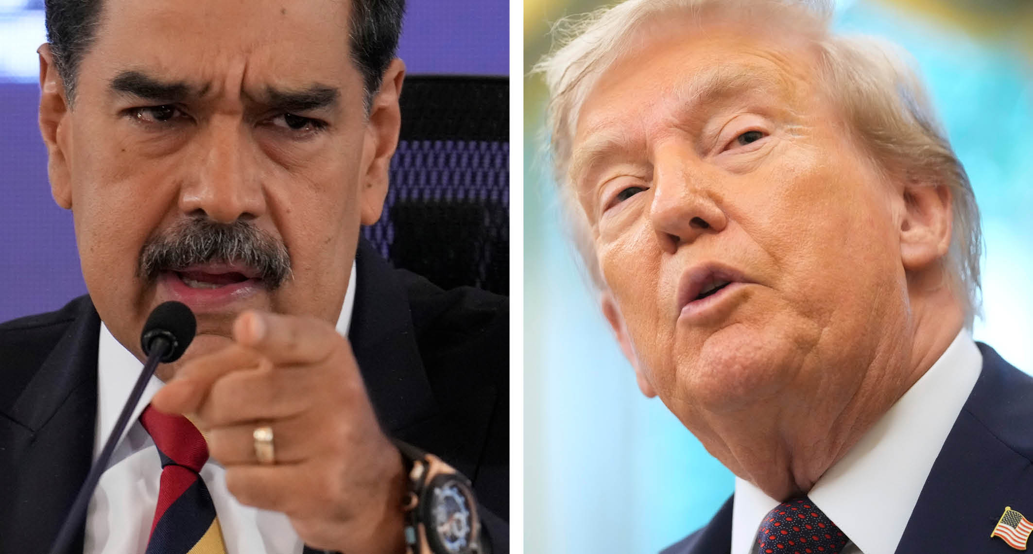 Två olika bilder. Ledarnas ansikten syns. Maduro pekar.