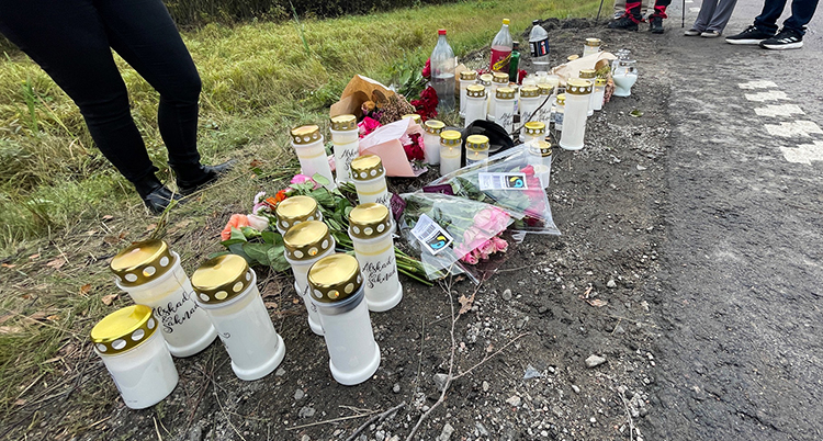 Blommor och ljus ligger bredvid vägen.