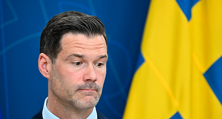 Han tittar ner. Bakom honom syns Sveriges flagga.