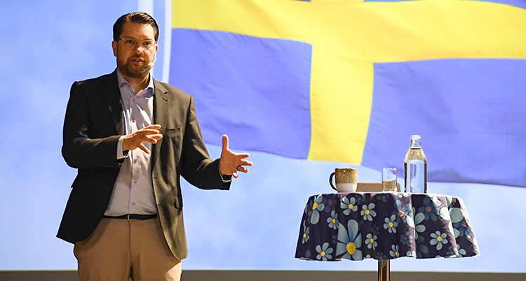 Han står på en scen och pratar. Bakom finns en bild på en stor svensk flagga.