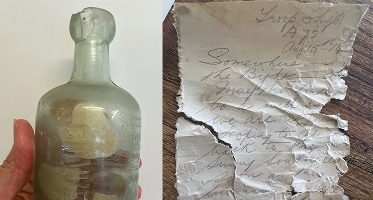 Två bilder. En gammal flaska med lappar i. och en lapp med ett handskrivet meddelande.