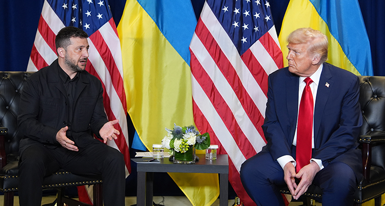 De sitter bredvid varandra och pratar. Bakom dem syns Ukrainas och USAs flaggor.