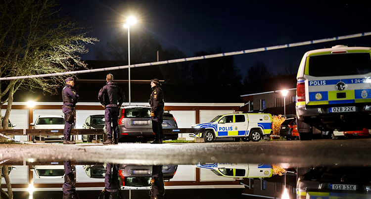 Det är mörkt ute. Några poliser och polisbilar står utanför en garagelänga.