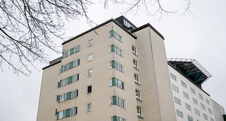 Ett högt grått hus.