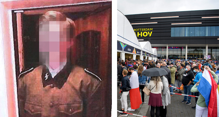 Två bilder. Den ena på mannen i en uniform som liknar nazisternas. Den bilden är på folk utanför Eurovision.