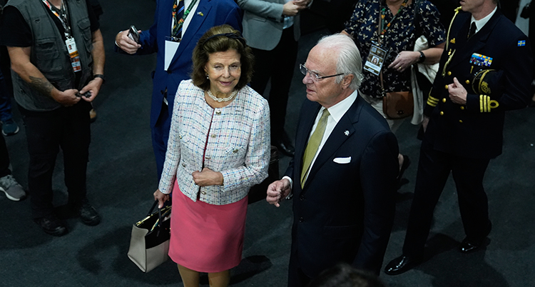 Kungen och drottningen fotade uppifrån. Runt dem står massa människor.