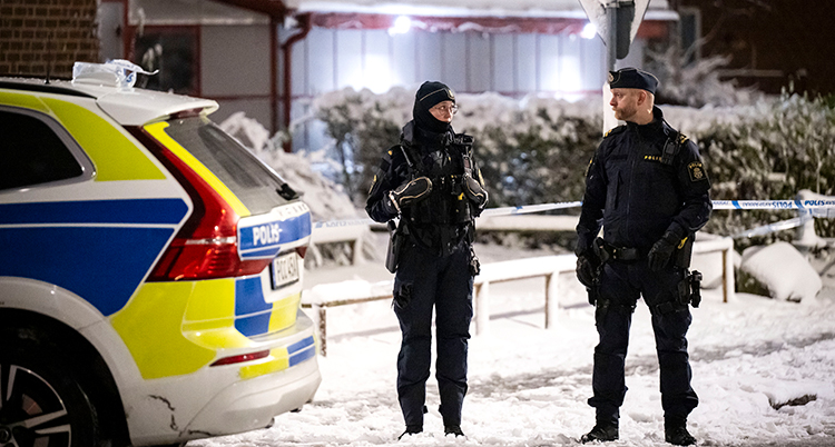 Två poliser och en polisbil står på en snöig gata.