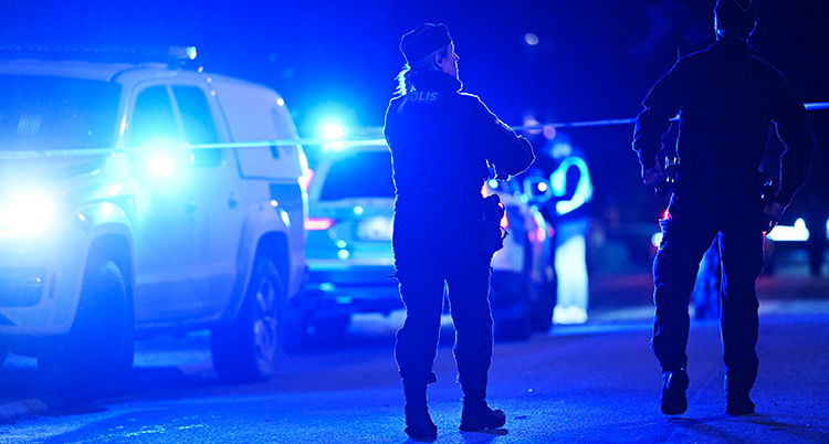 Två poliser står vid bilar med ryggarna mot fotografen. Det är mörkt ute.