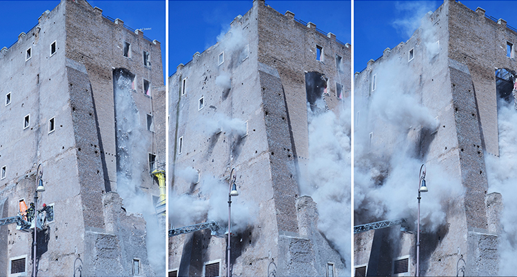 Tornet i sten syns på tre bilder. Det är rök av damm kring det.
