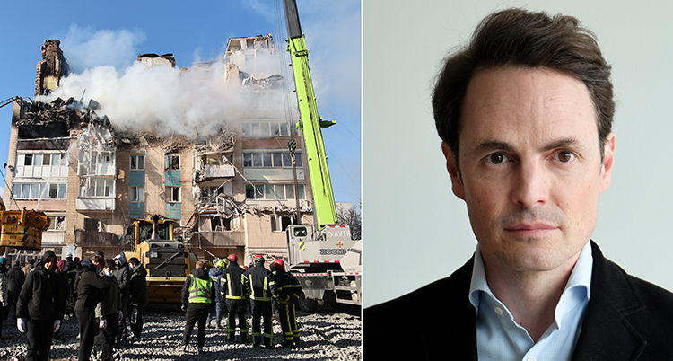 Två bilder. En på ett hus som blivit träffat av bomber. En är ett porträtt av experten.