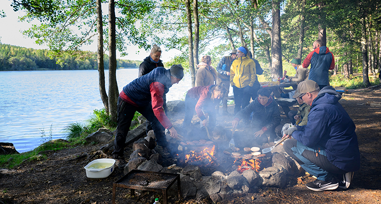 De tänder en eld i skogen.