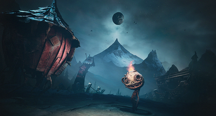 En bild från ett dataspel. Det är mörkt och otäckt. En konstig figur tittar mot kameran.